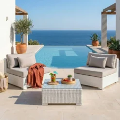 Discount Salotto da giardino in resina intrecciata 2 posti 3 pezzi Palma Bianco e tortora Salotto Da Balcone|Salotto Da Giardino