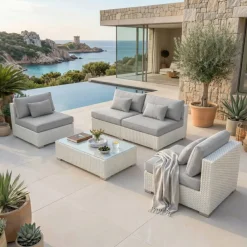 Online Salotto da giardino in resina intrecciata 4 posti 4 pezzi Palma Bianco e grigio Salotto Da Giardino