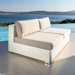 Outlet Salotto da giardino in resina intrecciata 4 posti 4 pezzi Palma Bianco e tortora Salotto Da Giardino