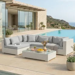 Salotto da giardino in resina intrecciata 4 posti 5 pezzi Palma Bianco e grigio Salotto Da Giardino