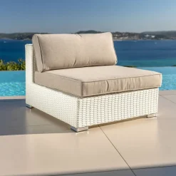 Hot Salotto da giardino in resina intrecciata 4 posti 5 pezzi Palma Bianco e tortora Salotto Da Giardino