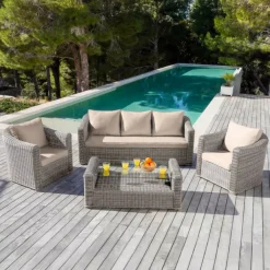 Outlet Salotto da giardino in resina intrecciata 5 posti 4 pezzi Calvi Grigio e tortora Salotto Da Giardino