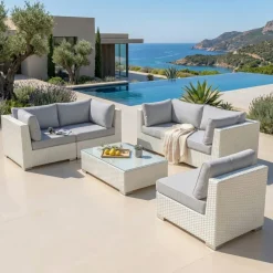 Hot Salotto da giardino in resina intrecciata 5 posti 6 pezzi Palma Bianco e grigio Salotto Da Giardino