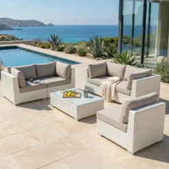 Clearance Salotto da giardino in resina intrecciata 5 posti 6 pezzi Palma Bianco e tortora Salotto Da Giardino