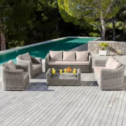 Clearance Salotto da giardino in resina intrecciata 5 pezzi Calvi Grigio e tortora Salotto Da Giardino