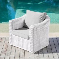 Sale Salotto da giardino in resina intrecciata 4 posti 4 pezzi Calvi Bianco e grigio chiaro Salotto Da Giardino
