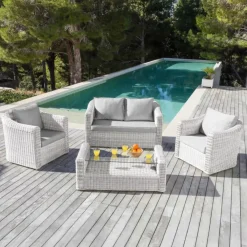 Sale Salotto da giardino in resina intrecciata 4 posti 4 pezzi Calvi Bianco e grigio chiaro Salotto Da Giardino