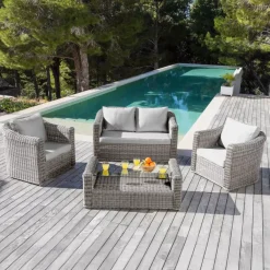 New Salotto da giardino in resina intrecciata 4 posti 4 pezzi Calvi Grigio e grigio chiaro Salotto Da Giardino