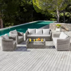 Sale Salotto da giardino in resina intrecciata 5 pezzi Calvi Grigio e grigio chiaro Salotto Da Giardino