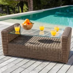 Salotto da giardino in resina intrecciata 5 posti 4 pezzi Calvi Seppia e grigio scuro