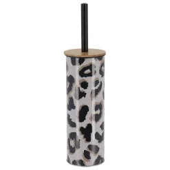 Scopino per WC con coperchio in metallo e acacia leopardata Serengeti Nero