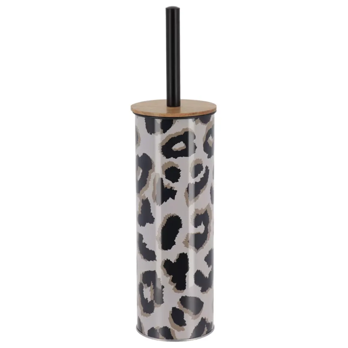 Scopino per WC con coperchio in metallo e acacia leopardata Serengeti Nero