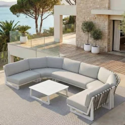 Clearance Set angolare da giardino in alluminio 6 posti Long Beach Bianco cenere e grigio chiaro Salotto Da Giardino