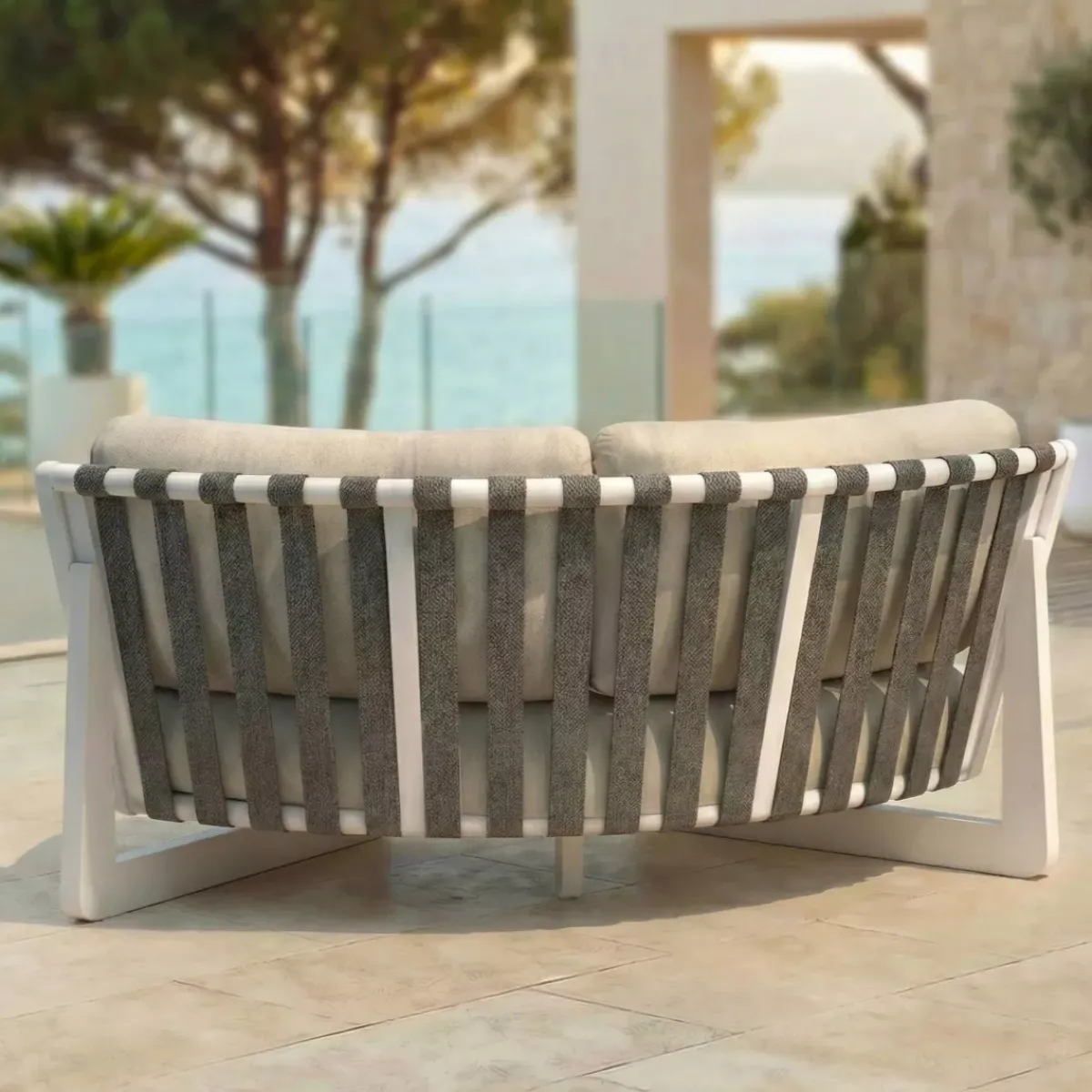Outlet Set angolare da giardino in alluminio 5 pezzi Long Beach Bianco cenere e beige Salotto Da Giardino