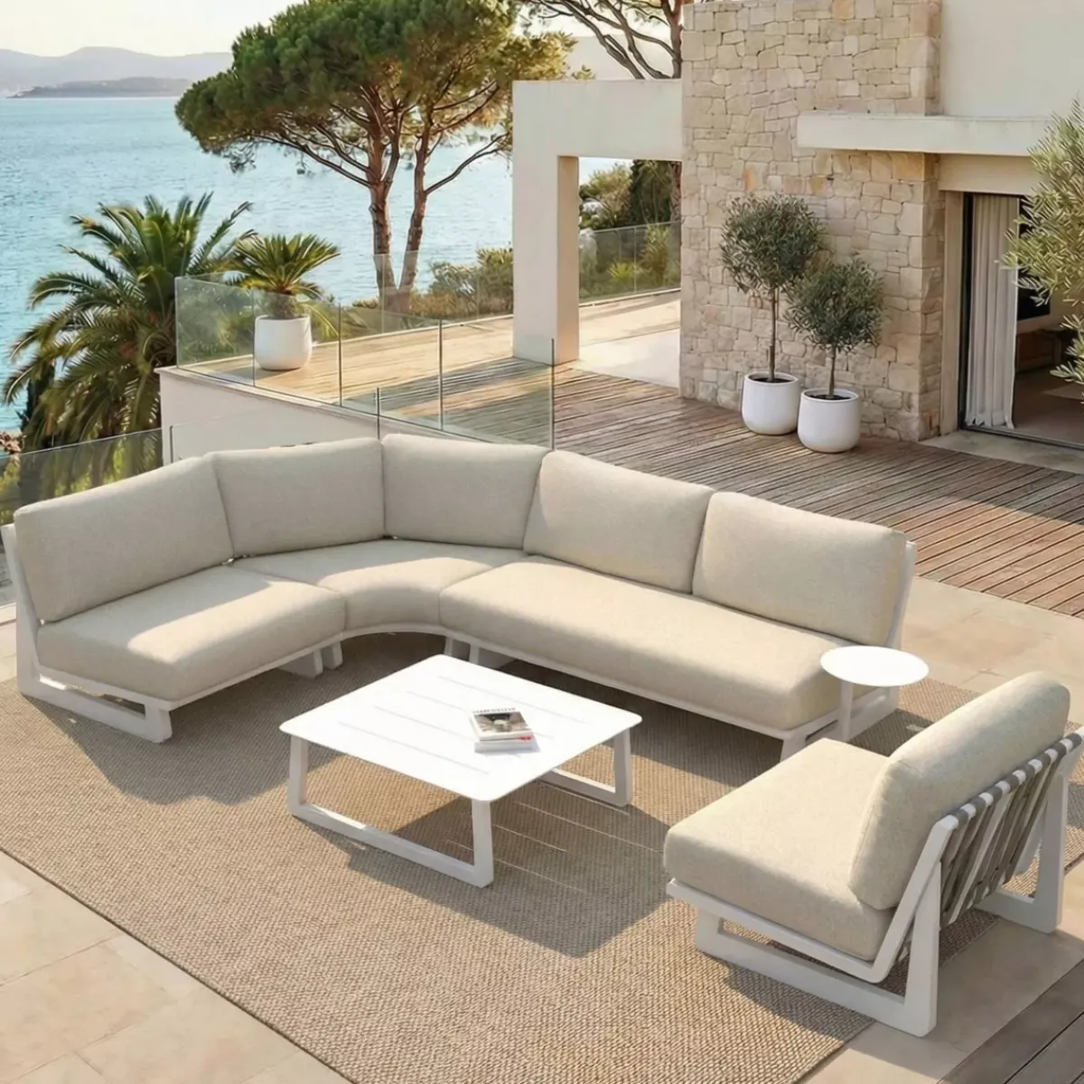 Outlet Set angolare da giardino in alluminio 5 pezzi Long Beach Bianco cenere e beige Salotto Da Giardino