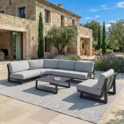 Outlet Set angolare da giardino in alluminio 5 pezzi Long Beach Antracite e Grigio Chiaro Salotto Da Giardino