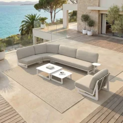 Sale Set angolare da giardino in alluminio 6 posti 6 pezzi Long Beach Bianco cenere e tortora Salotto Da Giardino