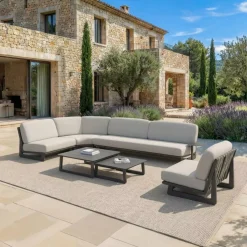 New Set angolare da giardino in alluminio 6 posti 6 pezzi Long Beach Antracite e grigio chiaro Salotto Da Giardino