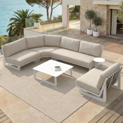 Sale Set angolare in alluminio per giardino 5 pezzi Long Beach Bianco cenere e tortora Salotto Da Giardino