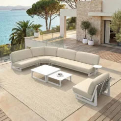 Discount Set angolare in alluminio per giardino 6 posti 6 pezzi Long Beach Bianco cenere e beige Salotto Da Giardino