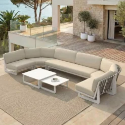 Clearance Set angolare in alluminio 7 pezzi Long Beach Bianco cenere e tortora Salotto Da Giardino