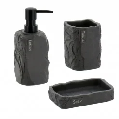Set bicchiere distributore e porta sapone in poliresina effetto pietra Paola Nero