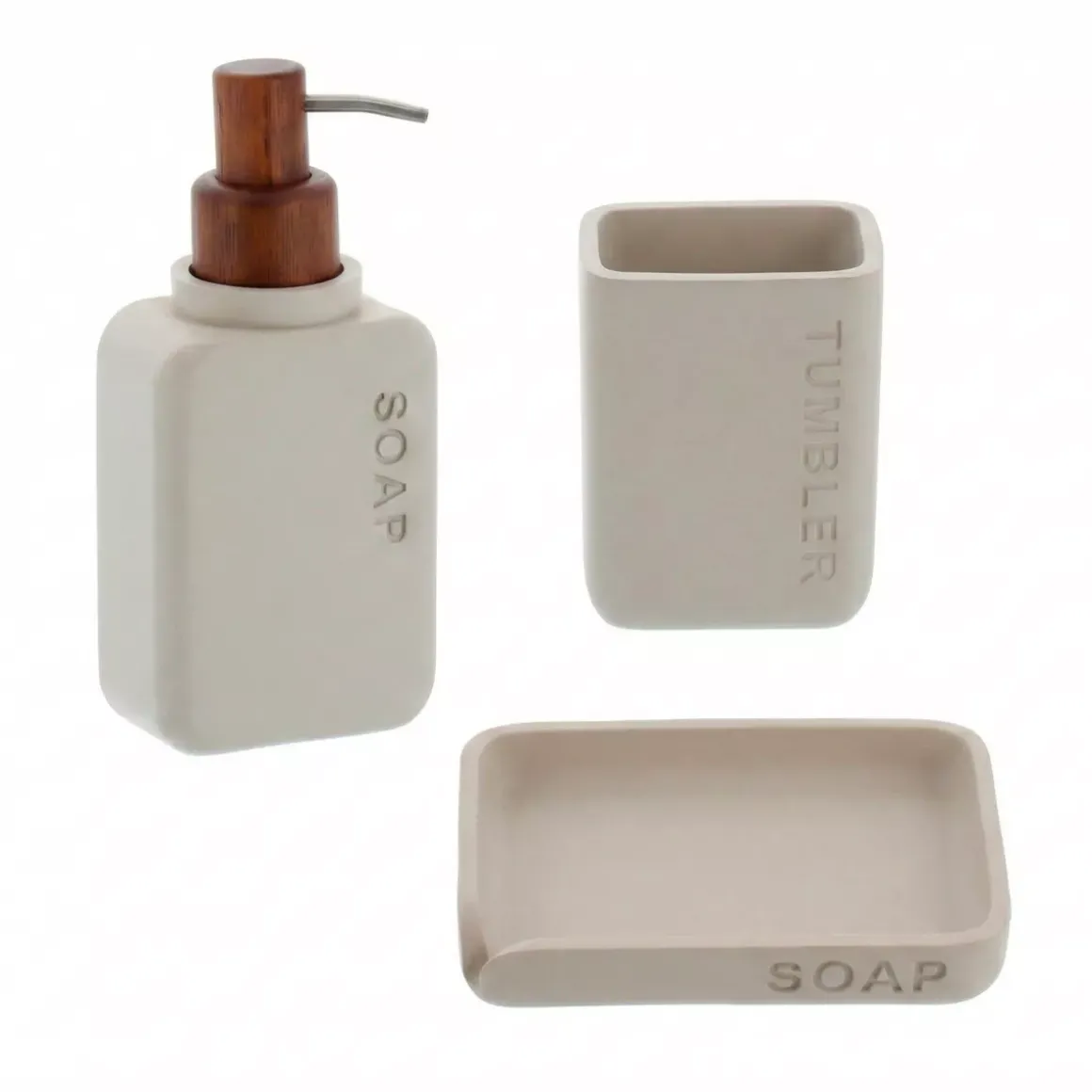 Set bicchiere portaspazzolino e distributore in poliresina incisa Sia Beige