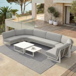Online Set da giardino angolare in alluminio 7 pezzi Long Beach Bianco cenere e grigio chiaro Salotto Da Giardino