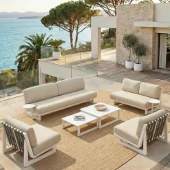 Hot Set da giardino in alluminio 7 posti 6 pezzi Long Beach Bianco cenere e tortora Salotto Da Giardino