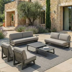 Outlet Set da giardino in alluminio 7 posti 6 pezzi Long Beach Grigio antracite e tortora Salotto Da Giardino
