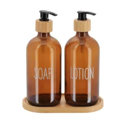 Set di 2 distributori di sapone in vetro e 1 vassoio in bambù Soap Ambra