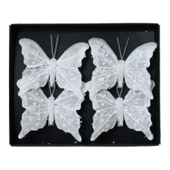 Set di 4 Farfalle su pinza (H8 cm) Scintillii e perle Bianco d'inverno