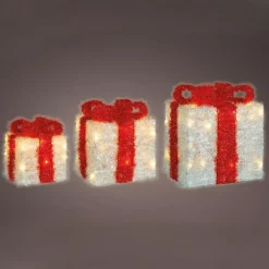 Set di 3 pacchi regalo nastro rosso a pile con luci Bianco caldo 65 LED