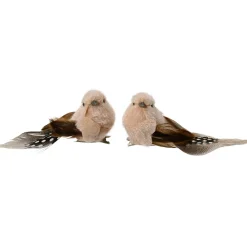 Set di 2 Uccelli con clip (L12 cm) Piuma naturale Marrone e crema