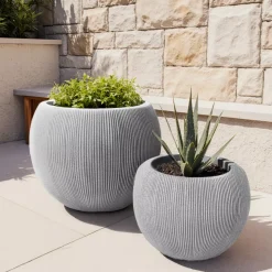 Set di 2 vasi da esterno rotondi (H41-30 cm) Lennox striati Grigio chiaro