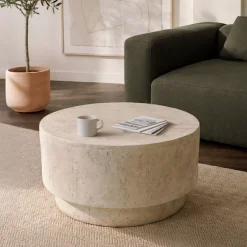 Tavolino tondo in magnesio ossidato (H42 cm) Pliazi Effetto travertino