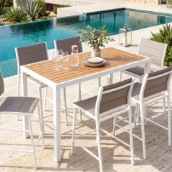 Clearance Tavolo da giardino alto in alluminio 6 posti effetto legno (160 x H105 cm) Murano Bianco Salotto Da Balcone|Salotto Da Giardino