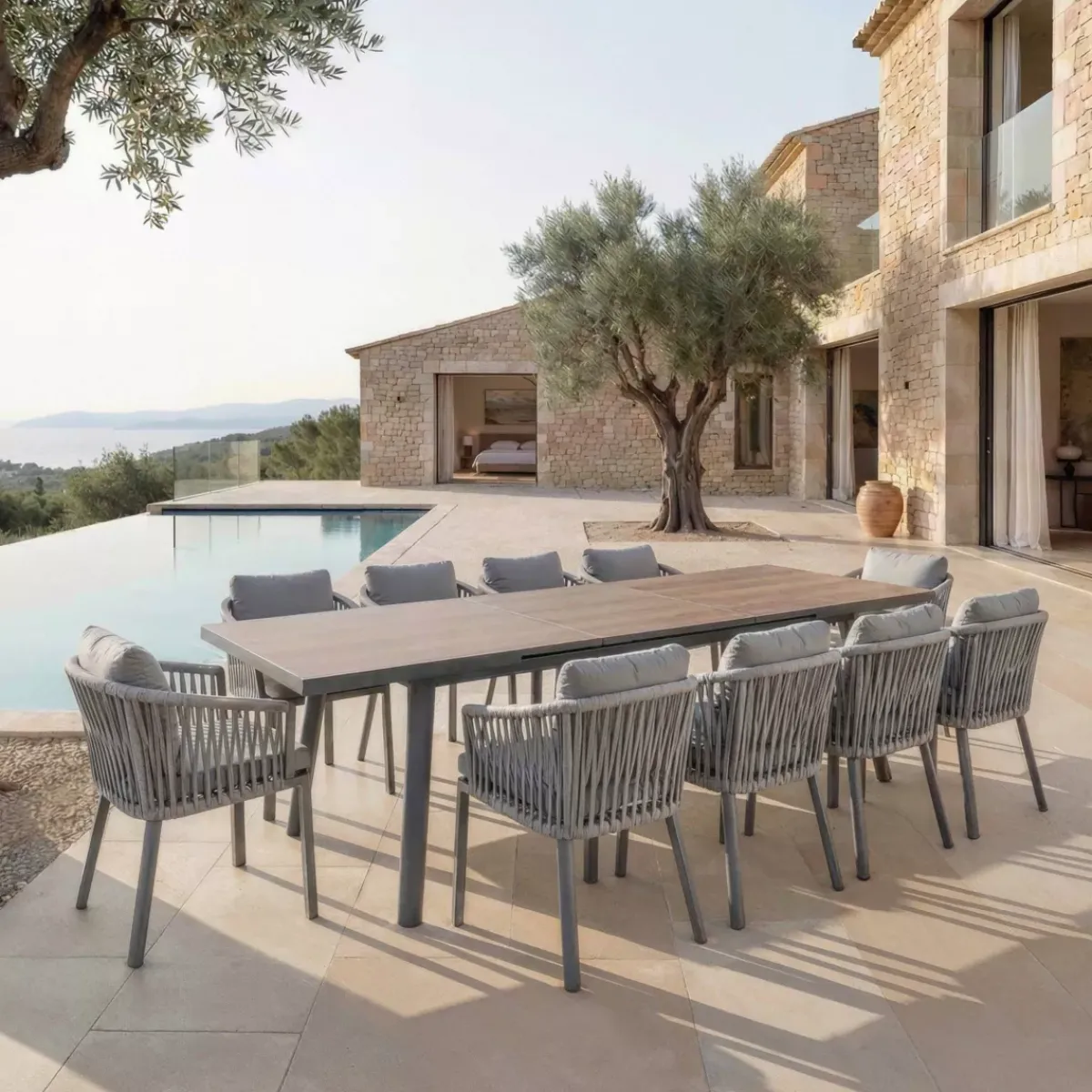 Tavolo da giardino estensibile automatico in alluminio 12 posti Amalfi Grigio antracite e legno Salotto Da Giardino|Tavoli Da Giardino