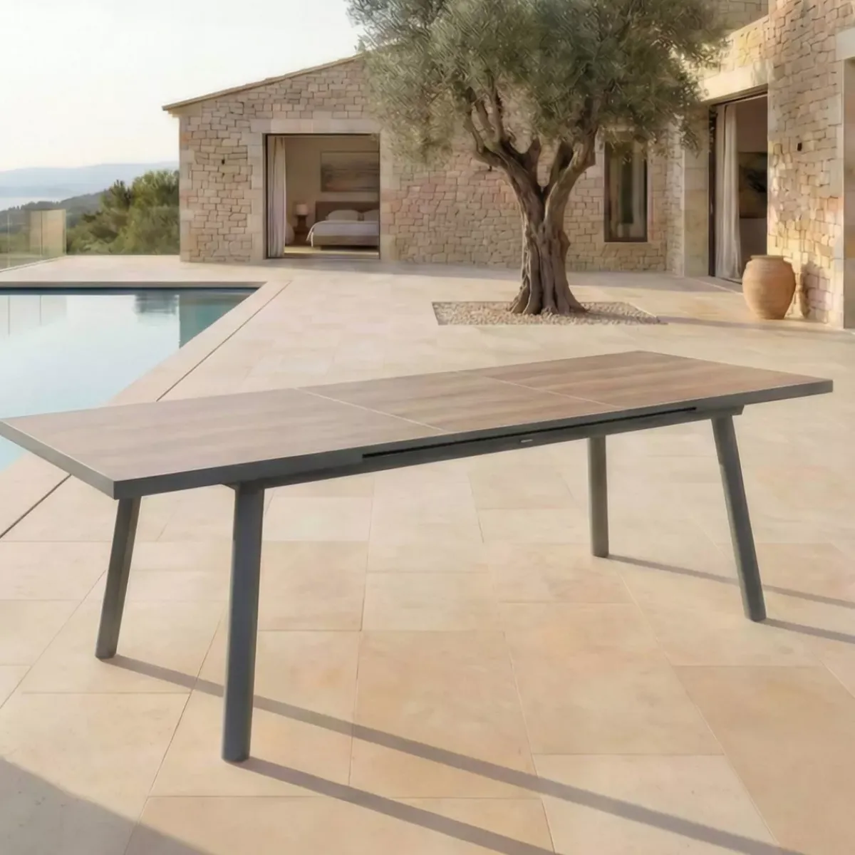 Tavolo da giardino estensibile automatico in alluminio 12 posti Amalfi Grigio antracite e legno Salotto Da Giardino|Tavoli Da Giardino