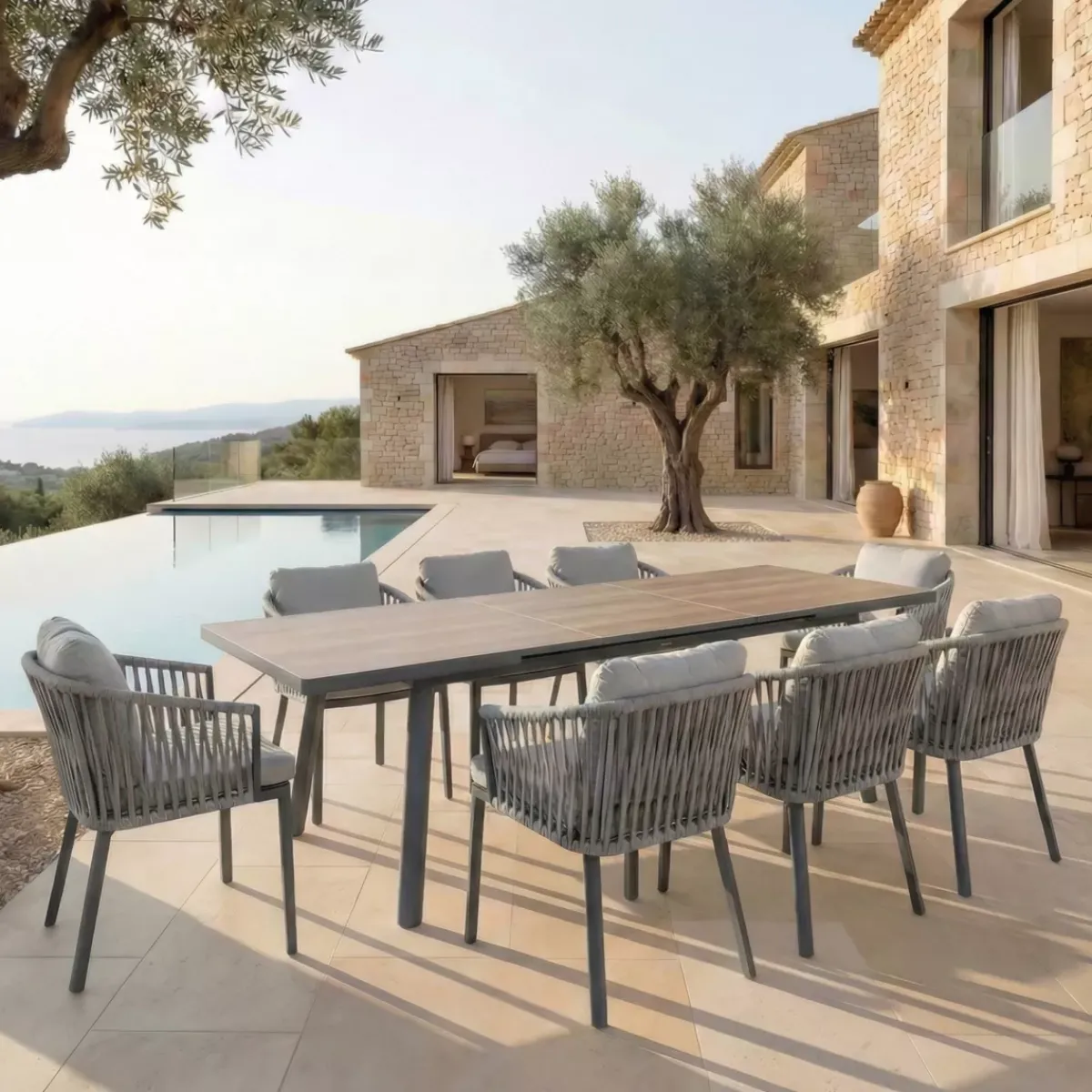 Tavolo da giardino estensibile automatico in alluminio 12 posti Amalfi Grigio antracite e legno Salotto Da Giardino|Tavoli Da Giardino