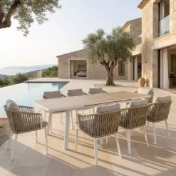 Outlet Tavolo da giardino estensibile automatico in alluminio 12 posti Amalfi Bianco e legno Salotto Da Giardino|Tavoli Da Giardino