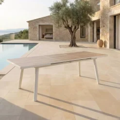 Outlet Tavolo da giardino estensibile automatico in alluminio 12 posti Amalfi Bianco e legno Salotto Da Giardino|Tavoli Da Giardino