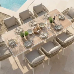 Outlet Tavolo da giardino estensibile automatico in alluminio 12 posti Amalfi Bianco e legno Salotto Da Giardino|Tavoli Da Giardino