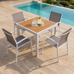 Online Tavolo da giardino quadrato in alluminio 4 posti (89 x 89 cm) Murano Bianco ed effetto legno Salotto Da Balcone|Salotto Da Giardino