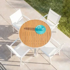 Tavolo da giardino rotondo in alluminio 5 posti (D105 cm) Murano Bianco e effetto legno Salotto Da Balcone|Salotto Da Giardino