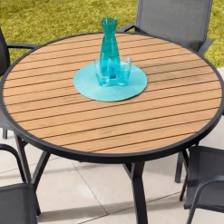 Outlet Tavolo da giardino rotondo in alluminio 5 posti (D105 cm) Murano Grigio antracite ed effetto legno Salotto Da Balcone|Salotto Da Giardino