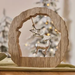 Tronchetto in legno (H14 cm) Renna e stella Legno biondo