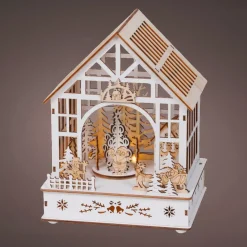 Villaggio di Natale in legno luminoso, musicale e animato a pile (18 x 24 cm) Giardino d'inverno