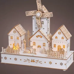 Villaggio di Natale in legno luminoso, musicale e animato a pile (H26 cm) Mulino e borgo