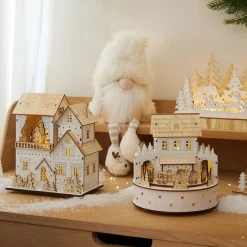 Villaggio di Natale in legno luminoso, animato e musicale a pile (H22 cm) Padiglione festivo